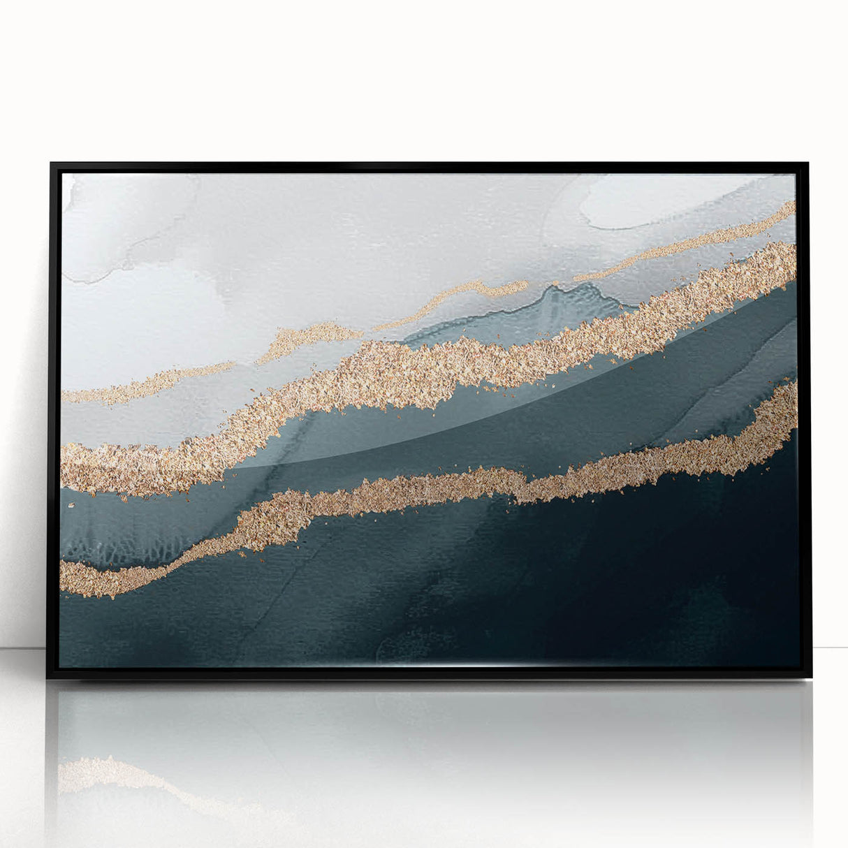 Framed wall art featuring an abstract design with bold strokes and lines in black, ideal for modern decor. The acrylic frame enhances the artwork's contemporary appeal.