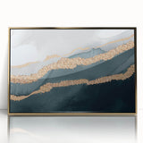 Framed wall art featuring an abstract design with gold strokes and lines, set against a white background, ideal for modern home decor and stylish interiors.