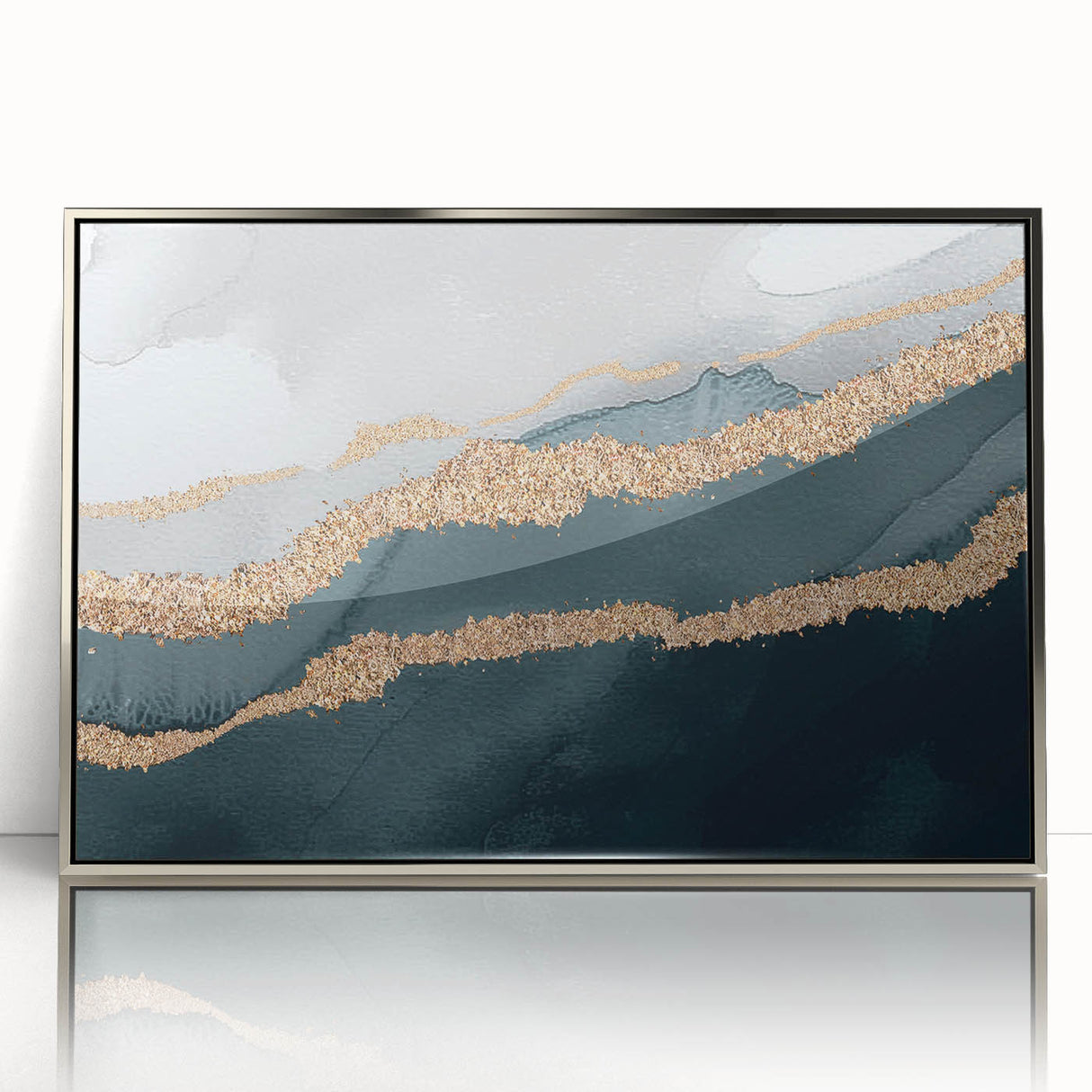 Framed wall art featuring an abstract design of colorful strokes and lines in silver and blue hues, perfect for modern home decor.