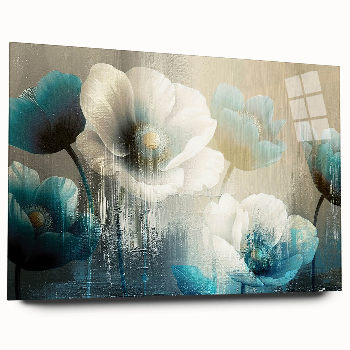 Abstract wall art design featuring colorful strokes and lines in a contemporary style, displayed in a side view with acrylic glass framing, perfect for modern interiors.