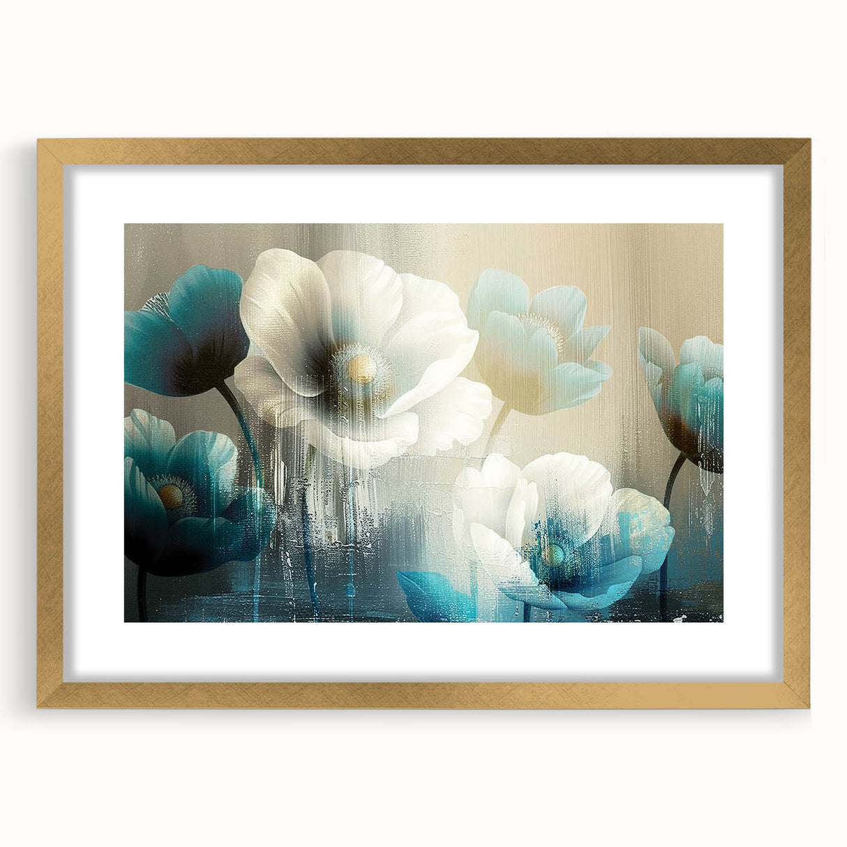 Abstract wall art featuring strokes and lines in gold and neutral tones, framed with a mat, ideal for modern decor. Perfect for enhancing living spaces.