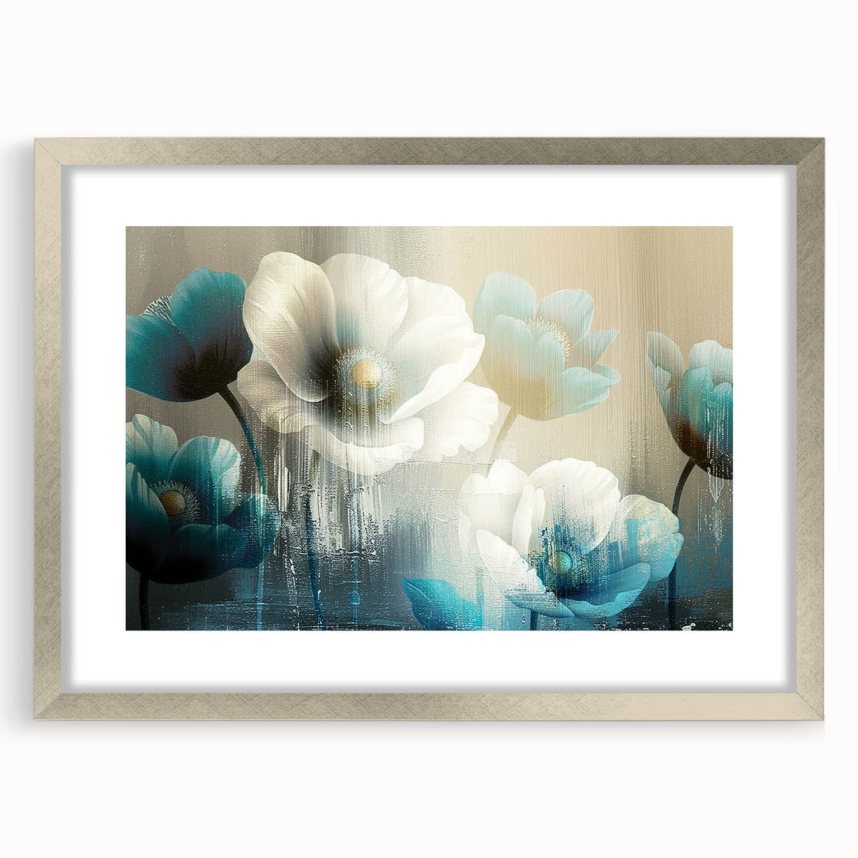 Abstract wall art featuring dynamic strokes and lines in a sleek silver frame with a mat, perfect for modern home decor and artistic expression.