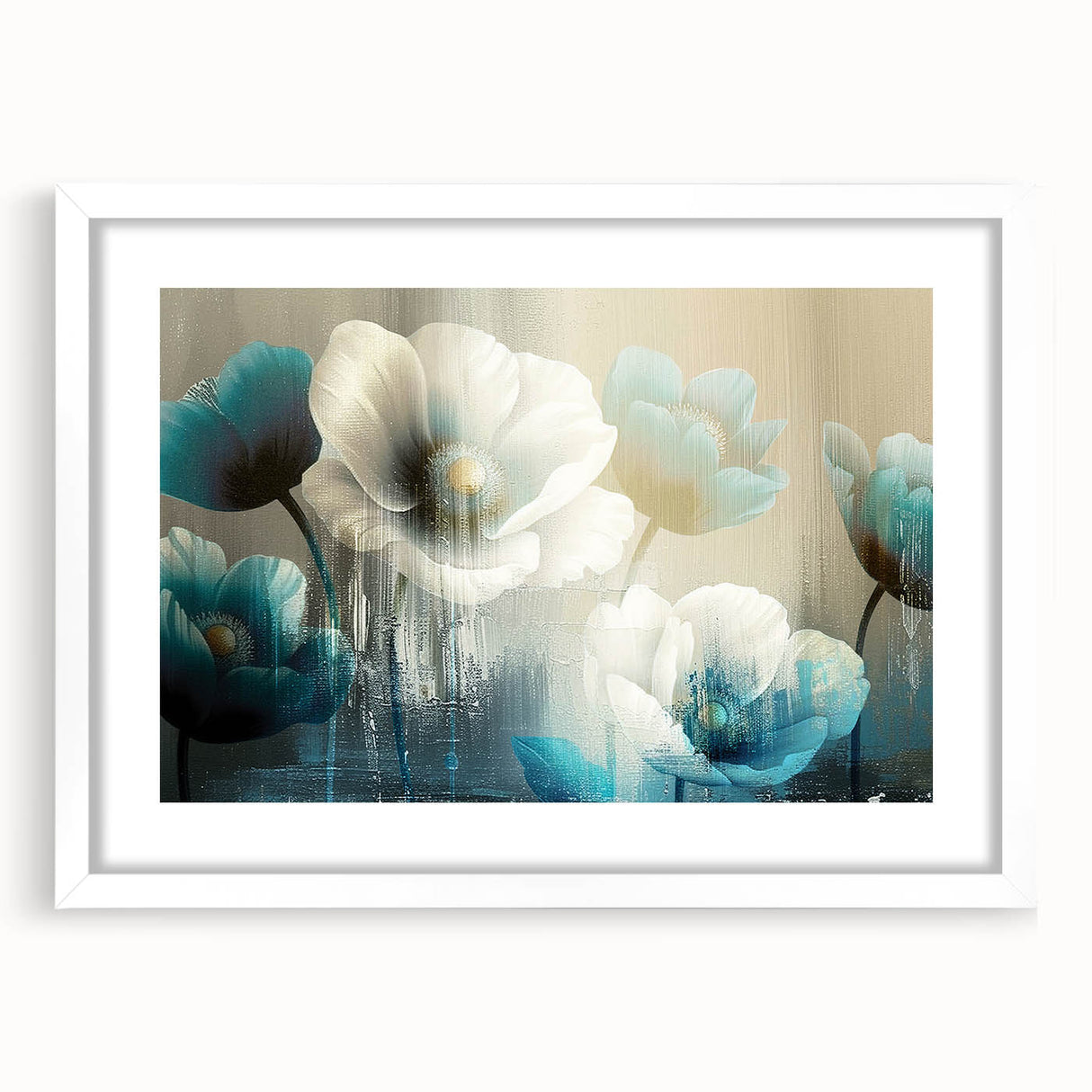 Abstract strokes and lines design wall art in a white frame with matting, showcasing a modern aesthetic ideal for contemporary home decor. The artwork features a blend of soft colors, creating a calming effect, perfect for living rooms or offices.
