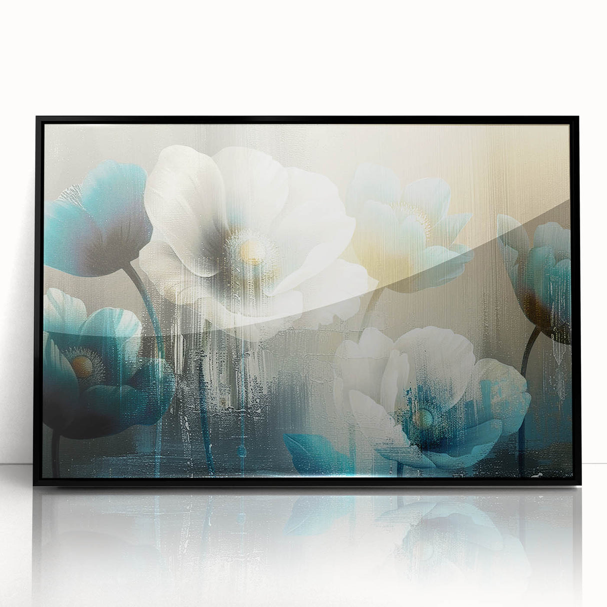 Framed black acrylic wall art showcasing an abstract design of colorful strokes and lines, perfect for modern decor in living spaces or offices.