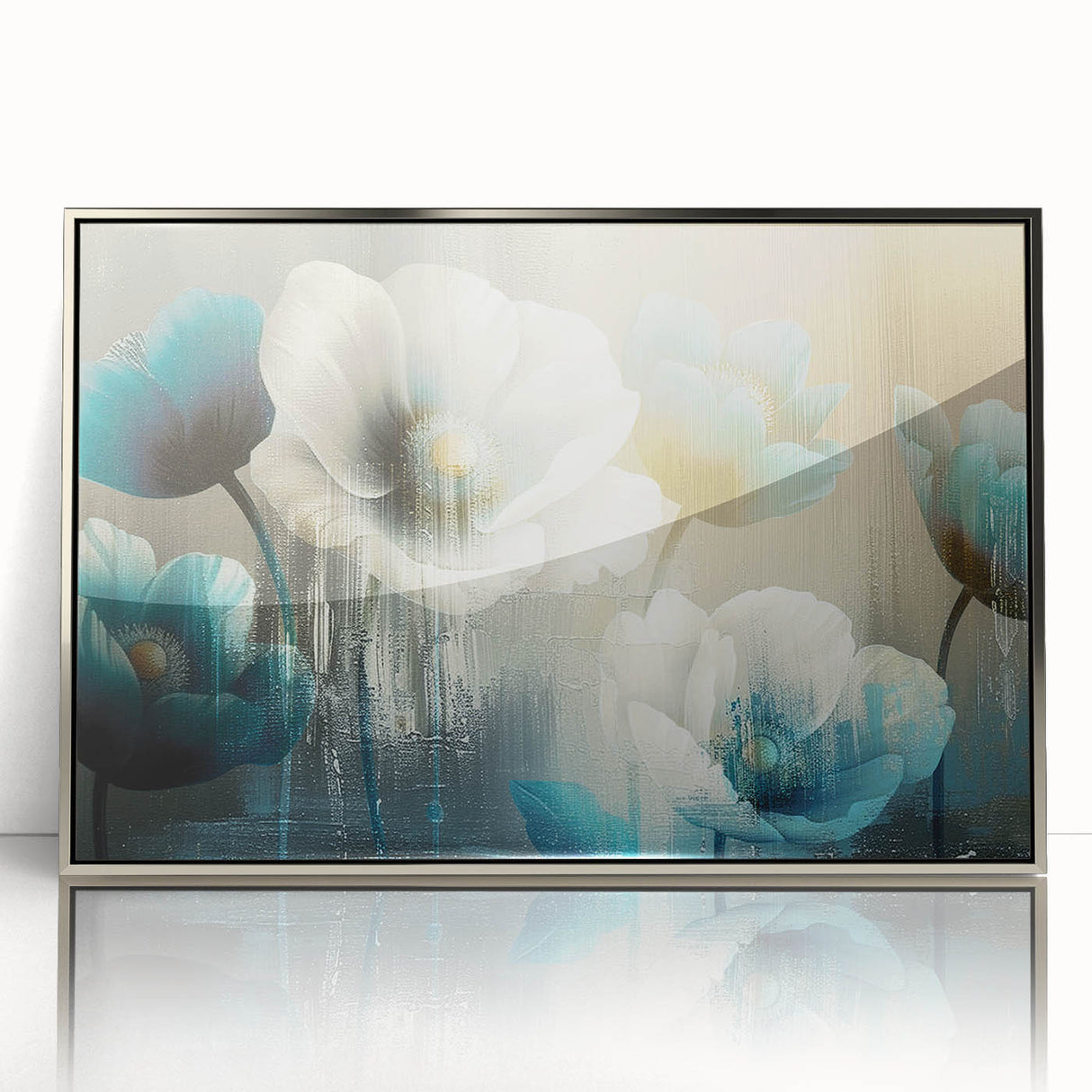 Framed acrylic wall art featuring a modern abstract design of colorful strokes and lines, showcasing a silver frame that enhances its contemporary aesthetic.