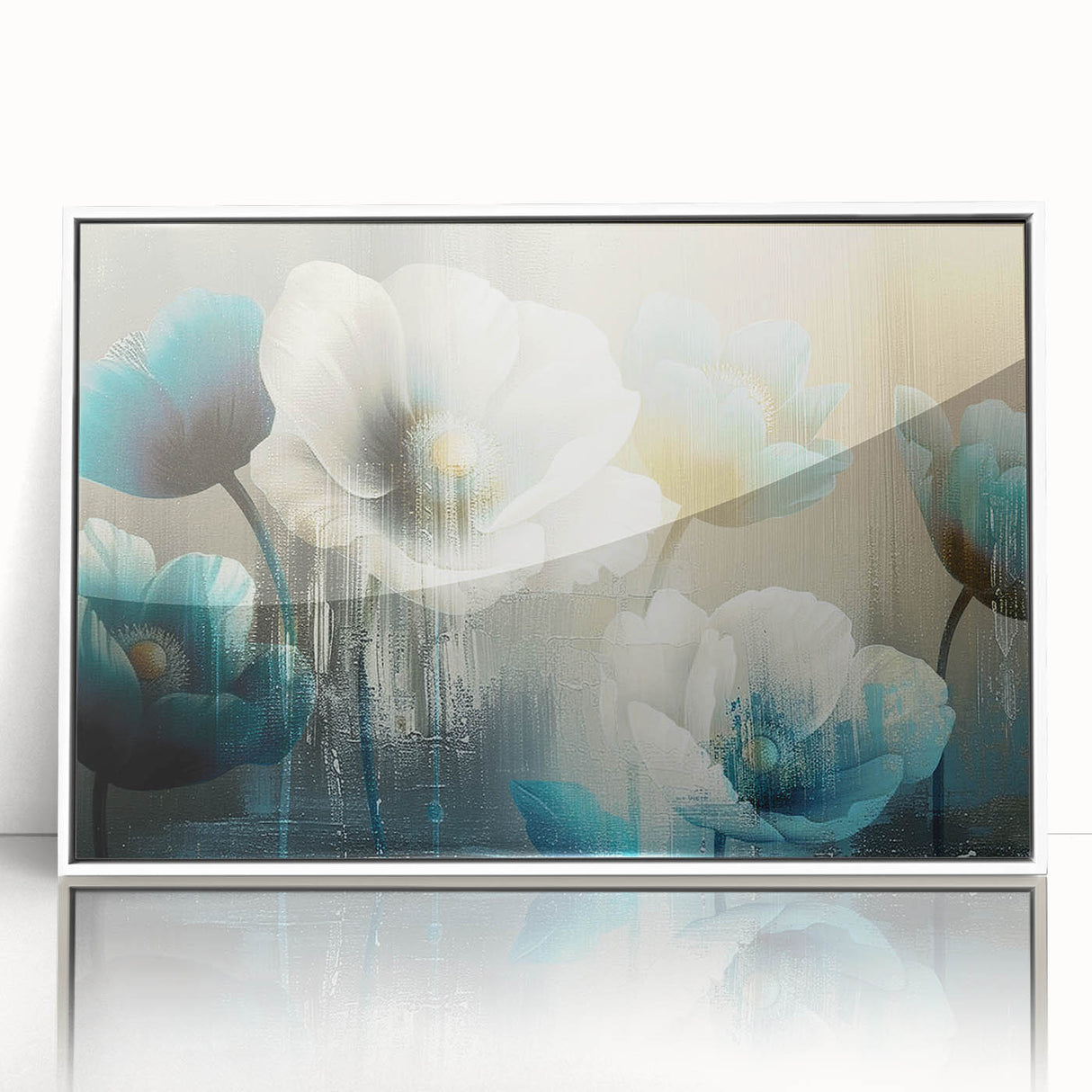 Framed acrylic wall art showcasing an abstract design with colorful strokes and lines, featuring a contemporary white frame, perfect for modern home decor.