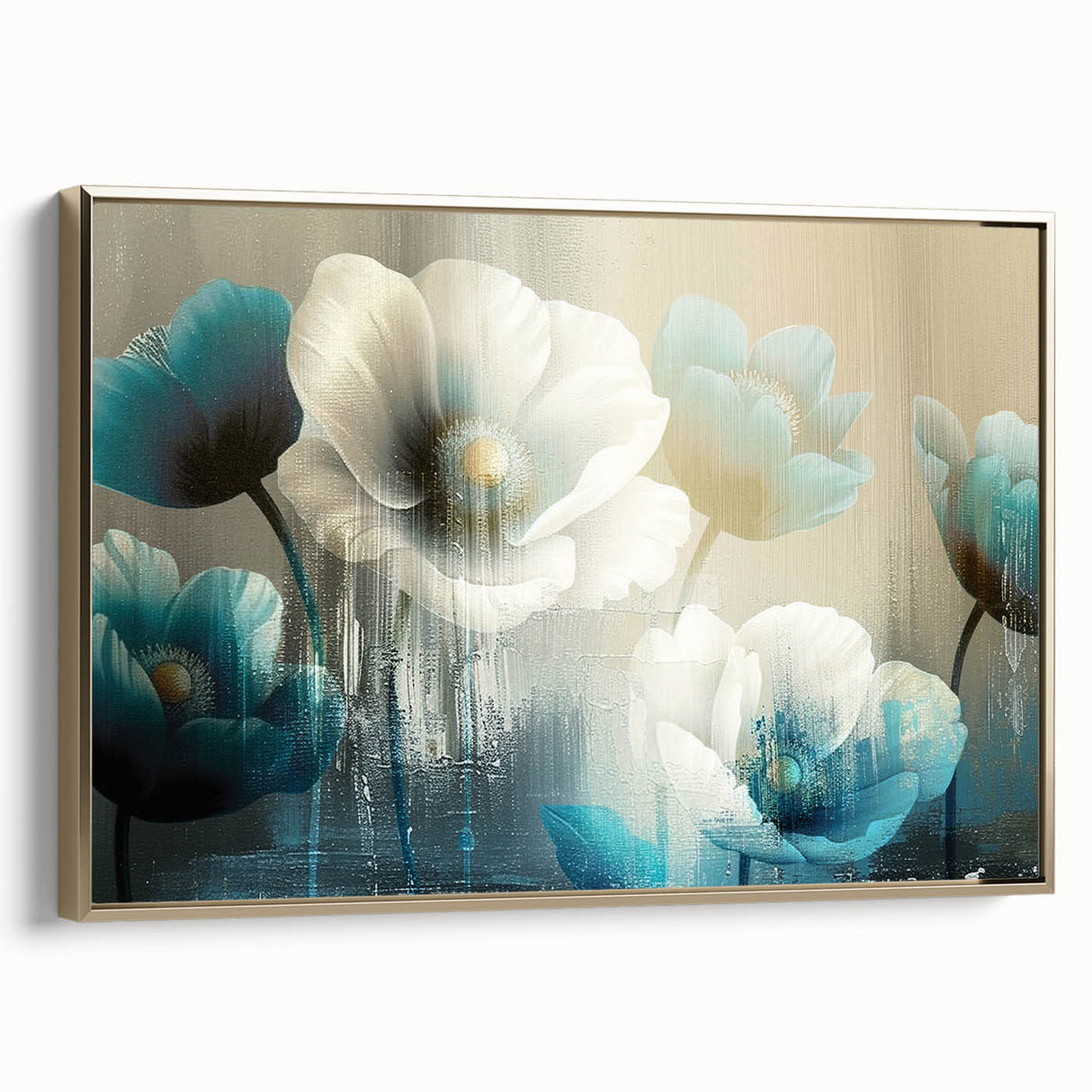Framed canvas art showcasing an abstract design with gold strokes and lines, adding modern elegance to any decor; perfect for contemporary wall styling.