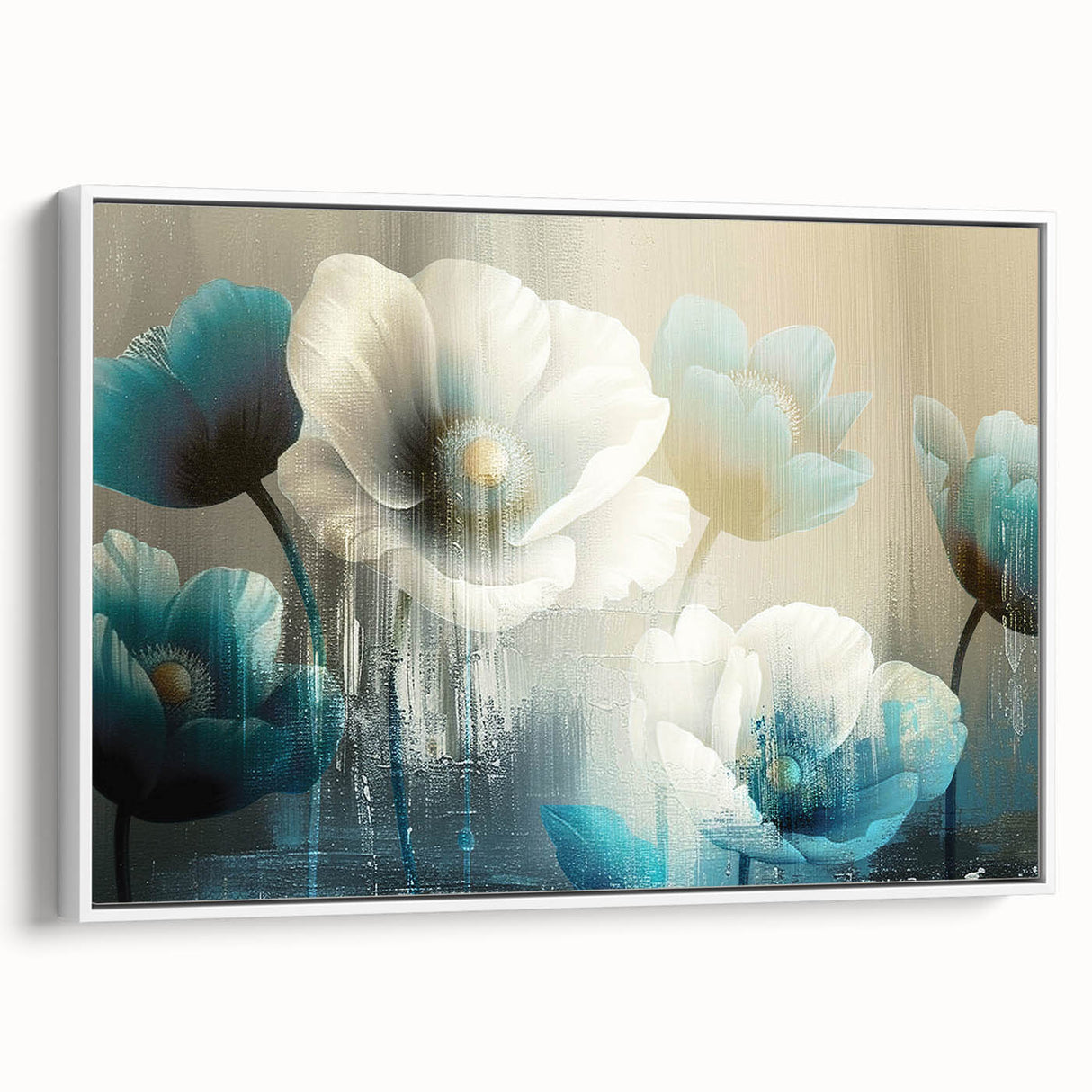 Framed canvas art showcasing an abstract design of strokes and lines in soft white and neutral tones, emphasizing modern decor aesthetics in a stylish setting.