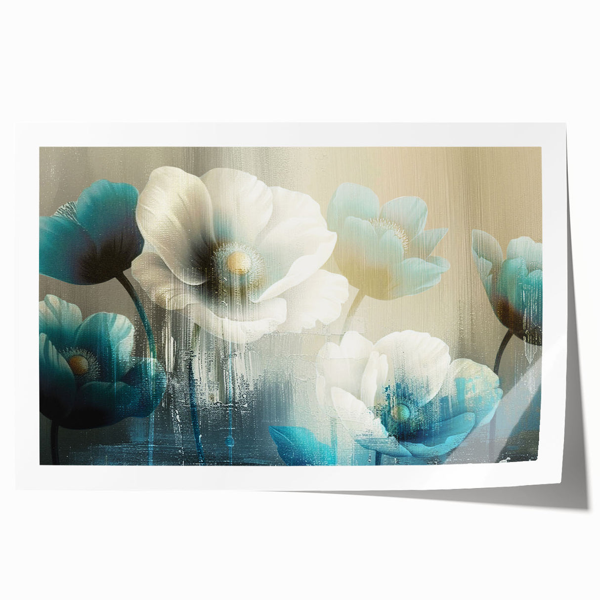 Abstract wall art print showcasing vibrant strokes and lines in hues of blue, orange, and yellow, perfect for modern home decor. Ideal for adding a pop of color and style.