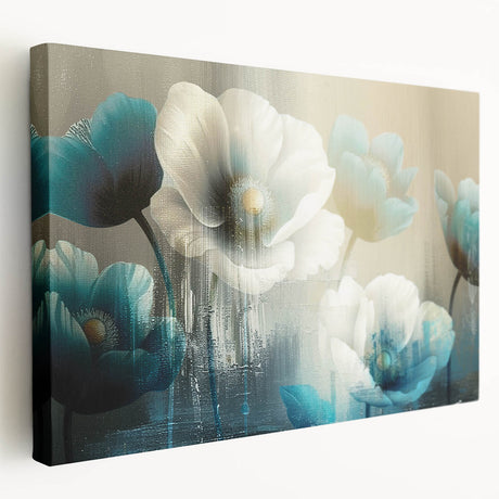 Stretched canvas wall art showcasing an abstract design with vibrant strokes and lines in shades of blue, orange, and yellow. Perfect for modern home décor.