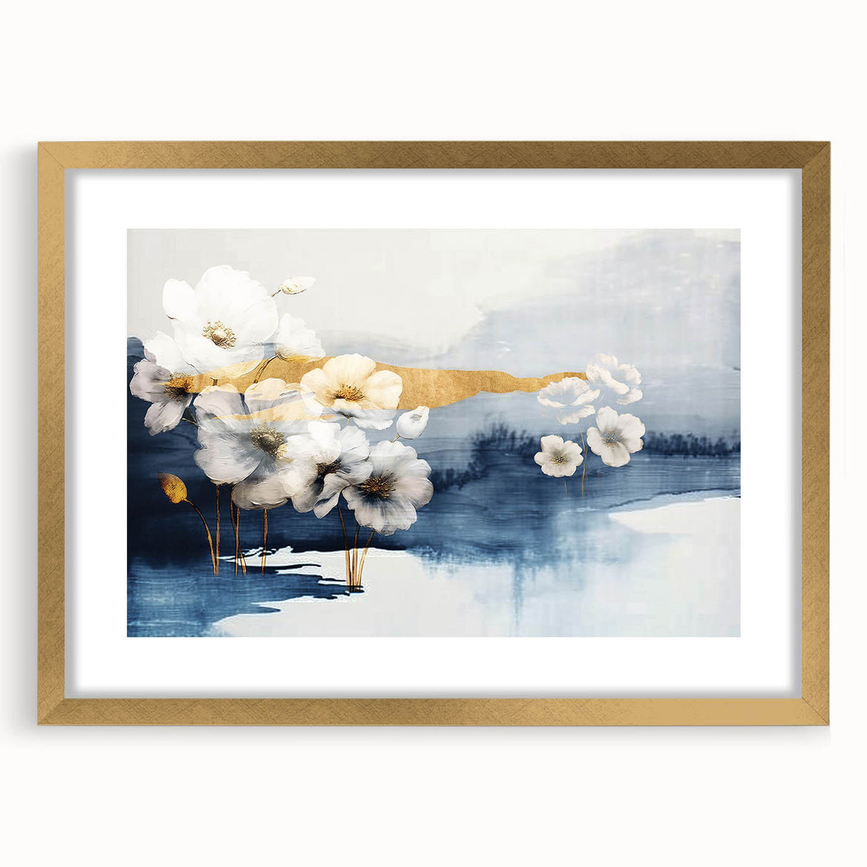 Abstract wall art featuring intricate strokes and lines in a modern gold frame, showcasing a stylish design perfect for contemporary home decor.