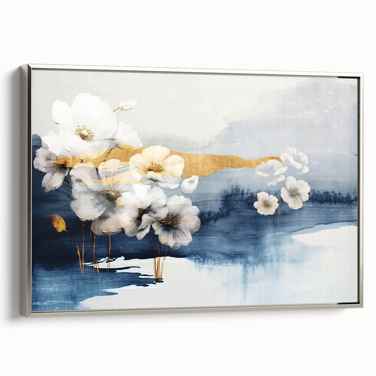 Framed wall art showcasing an abstract design of colorful strokes and lines in silver tones, highlighting a modern aesthetic perfect for contemporary decor.