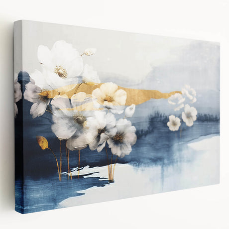 Stretched canvas wall art showcasing an abstract design with vibrant strokes and lines in shades of blue, yellow, and orange, ideal for modern decor.
