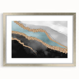 Abstract wall art featuring a modern design of strokes and lines in neutral tones, framed with a silver mat, ideal for contemporary decor settings.