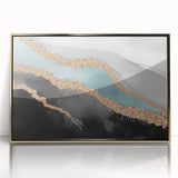 Framed wall art featuring an abstract design of colorful strokes and lines in gold, perfect for modern decor. The piece adds elegance and creativity to any space.