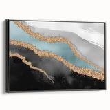 Framed canvas wall art showcasing an abstract design with vibrant strokes and lines in shades of black and white, perfect for modern home decor.