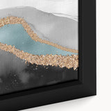 Abstract wall art featuring vibrant strokes and lines in a modern design, framed and showcasing a blend of blue, orange, and green hues, perfect for contemporary decor.