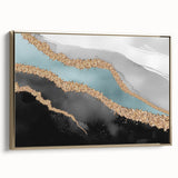 Framed wall art piece showcasing an abstract design with gold strokes and lines on a textured canvas, perfect for modern decor in living spaces.