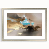 Abstract wall art design featuring dynamic strokes and lines in a muted color palette, framed with a silver mat, adding elegance to modern decor.