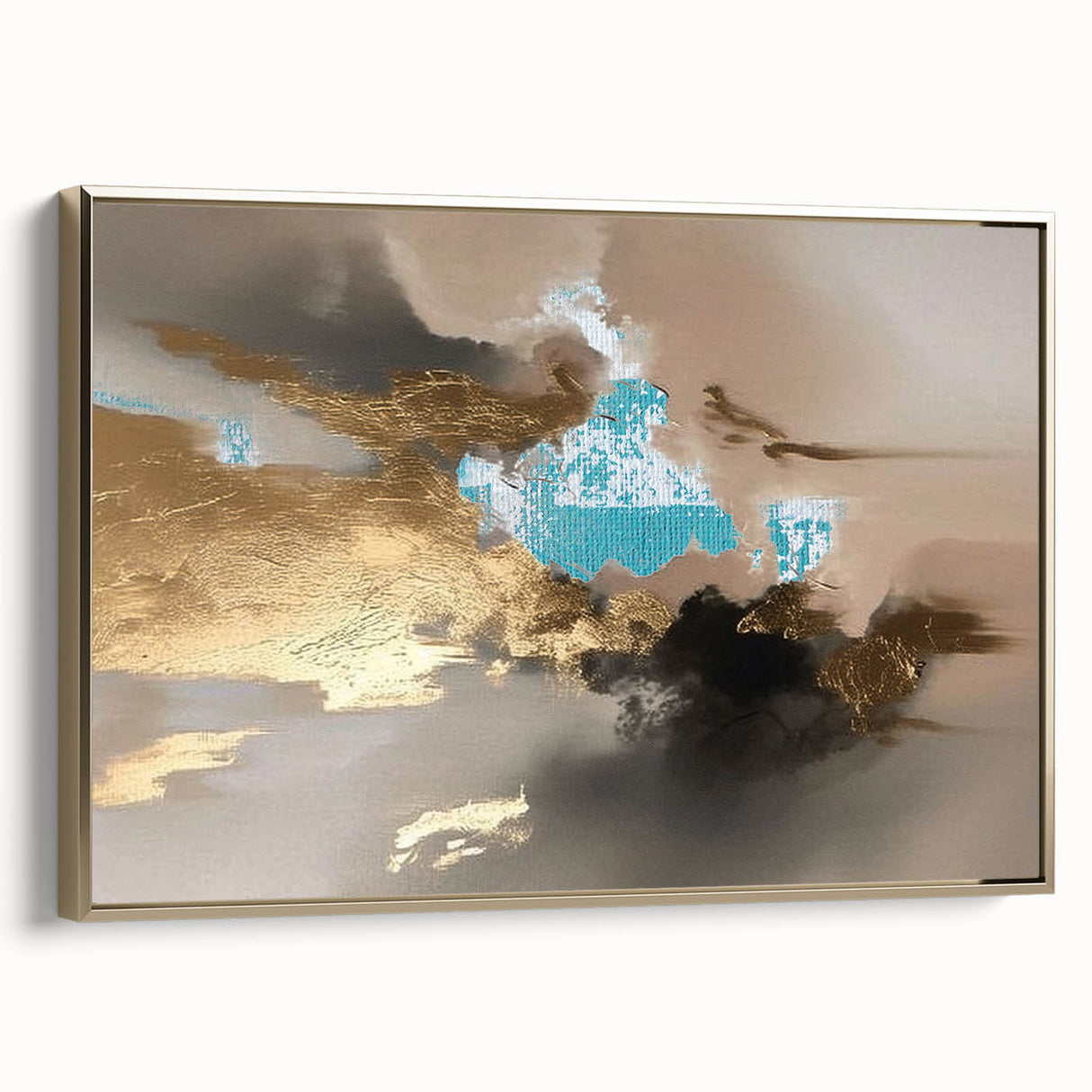 Framed canvas wall art showcasing an abstract design of gold strokes and lines, adding a modern touch to any decor. Ideal for contemporary interiors.