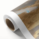 Abstract wall art design featuring vibrant strokes and lines in shades of blue, orange, and yellow on a rolled canvas, perfect for modern home decor.