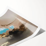 Abstract wall art print featuring vibrant strokes and lines in blue, orange, and yellow hues, ideal for modern home decor. The piece is rolled and ready for framing, showcasing a contemporary design that adds a pop of color and artistic flair to any space.