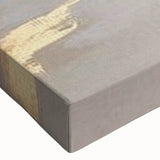 Close-up of a vibrant abstract strokes and lines design on stretched canvas, showcasing dynamic colors of blue, orange, and yellow for modern wall art decor.