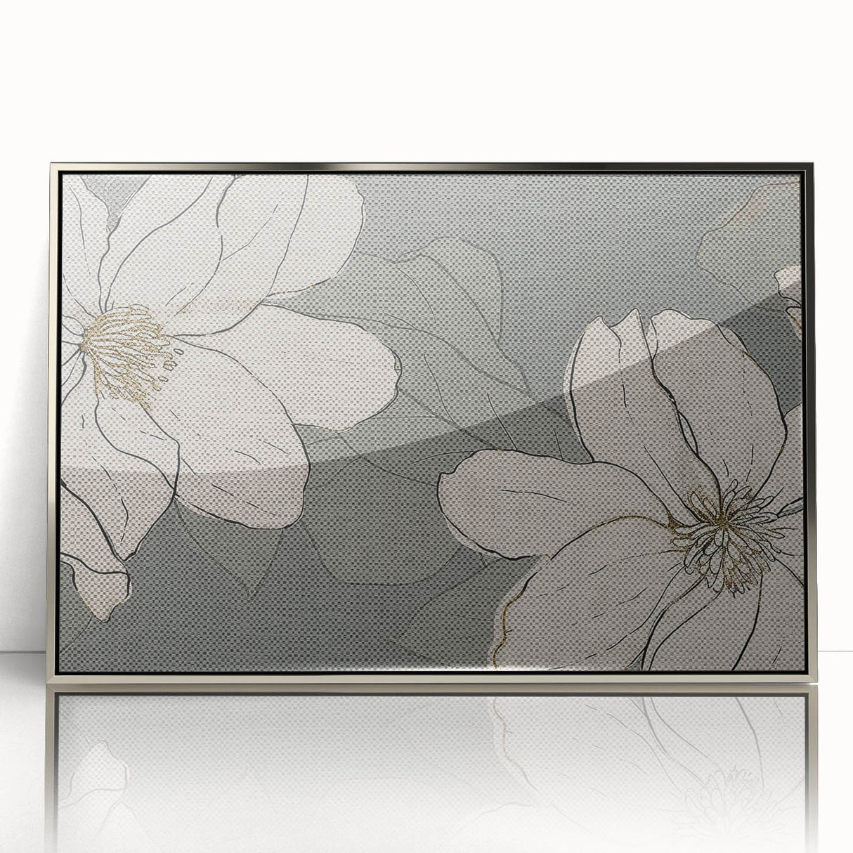 Framed wall art featuring abstract strokes and lines in shades of silver, showcasing a modern design that adds elegance to any space. Perfect for contemporary decor.