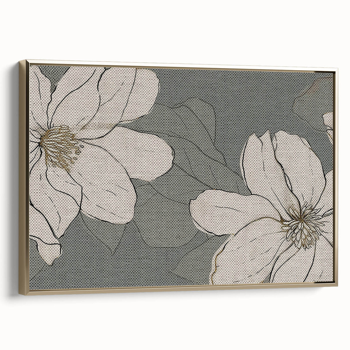 Framed canvas wall art featuring an abstract design with gold strokes and lines, showcasing a modern aesthetic ideal for contemporary decor.