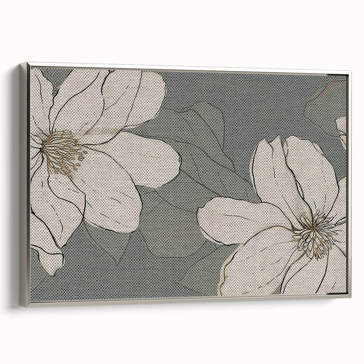 Framed wall art showcasing an abstract design with silver strokes and lines, highlighting a modern aesthetic. Ideal for enhancing contemporary home decor.