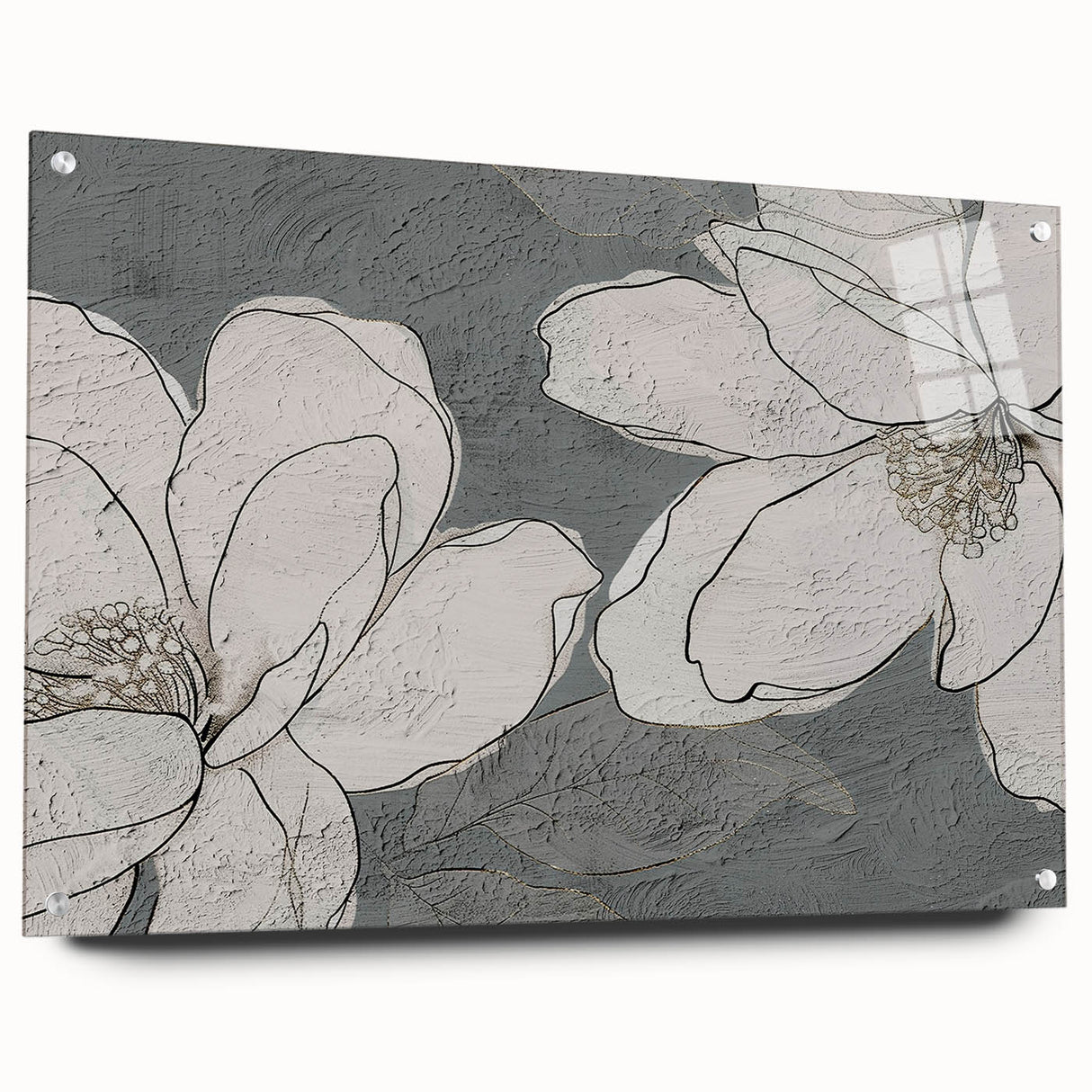 Abstract wall art design showcasing vibrant strokes and lines in a modern acrylic glass frame, featuring a side view with visible mounting pins for easy display.