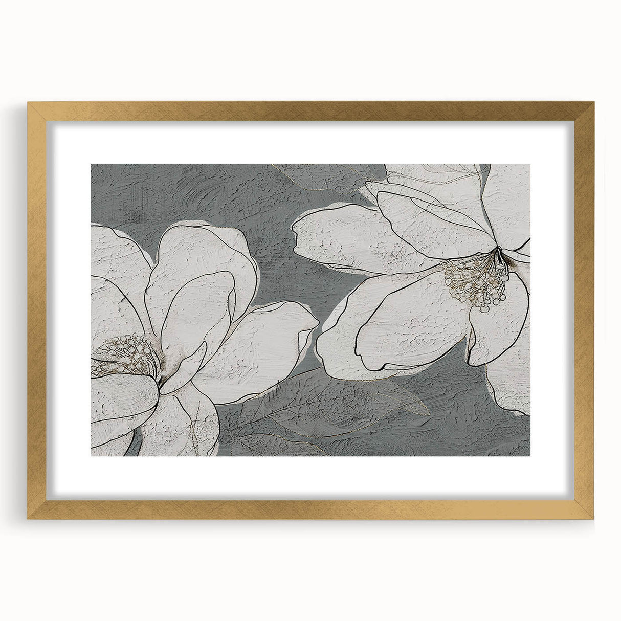 Abstract wall art featuring a design of colorful strokes and lines, framed in gold with a white mat border, showcasing modern decor perfect for contemporary interiors.