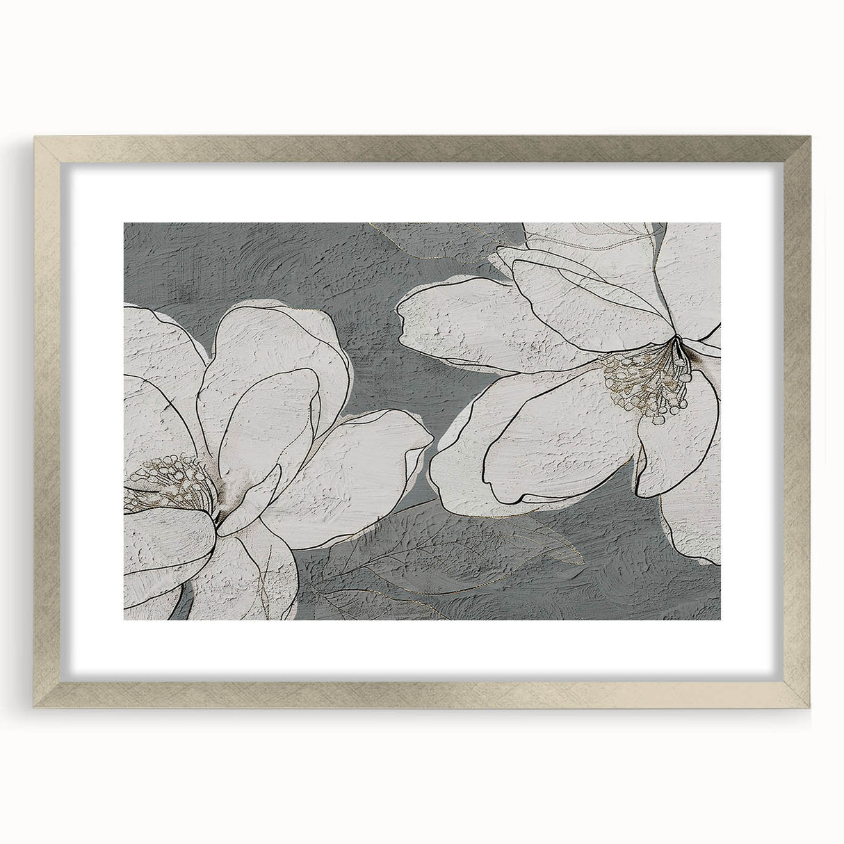 Abstract wall art featuring dynamic strokes and lines in a modern design, framed with a sleek silver mat, perfect for contemporary home decor.