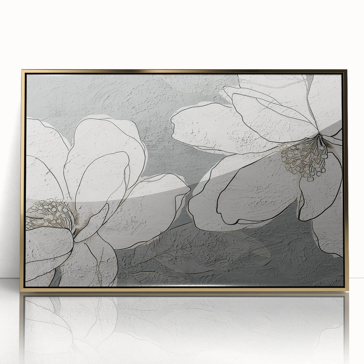 Framed wall art showcasing an abstract design with gold strokes and lines, perfect for modern decor. The piece adds a touch of elegance to any interior space.