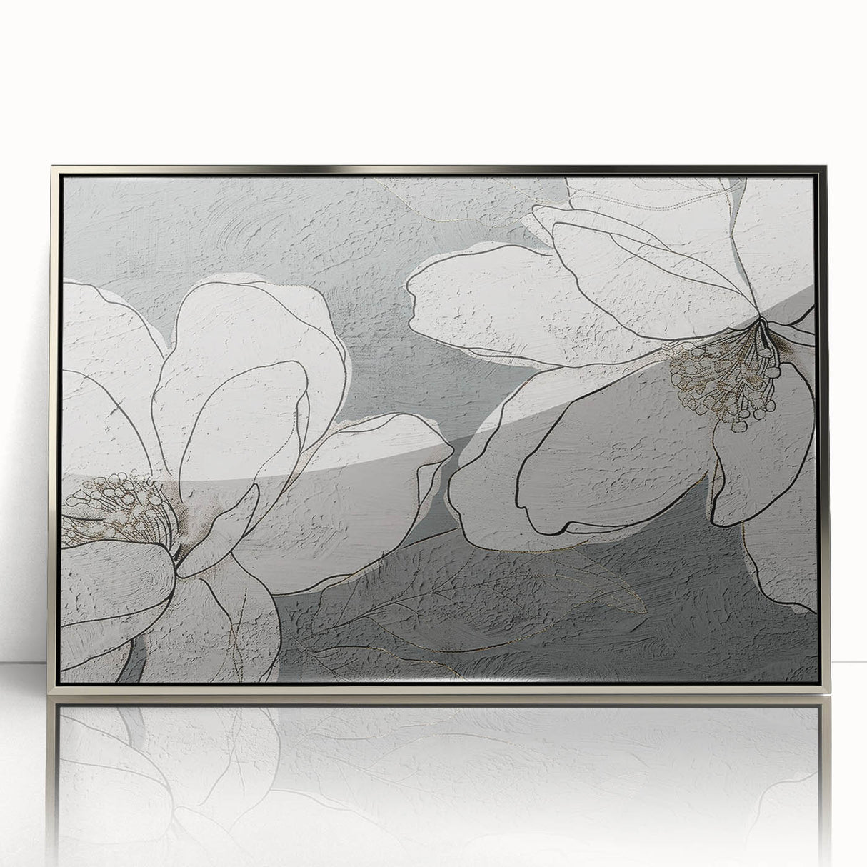 Framed acrylic wall art featuring an abstract design of strokes and lines in silver tones, perfect for modern decor. Ideal for enhancing contemporary interiors.
