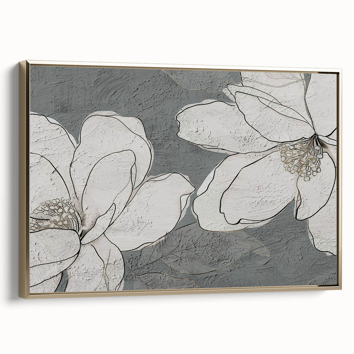 Framed wall art piece showcasing an abstract design of gold strokes and lines on a textured canvas, perfect for modern home decor. The artwork is presented in a stylish frame, emphasizing elegance and sophistication in interior design.
