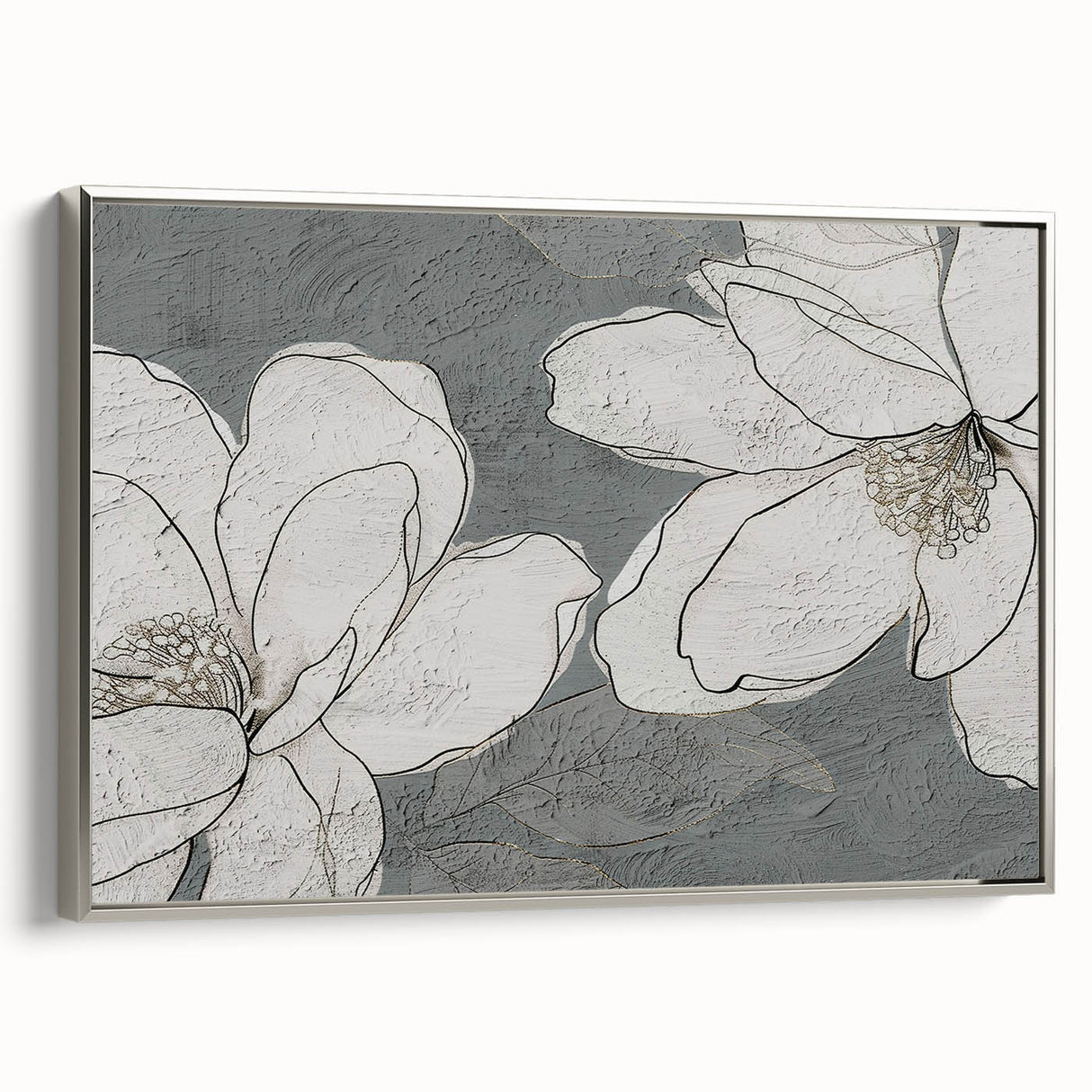 Framed canvas wall art showcasing an abstract design with silver strokes and lines, highlighting modern elegance and sophistication in home decor.