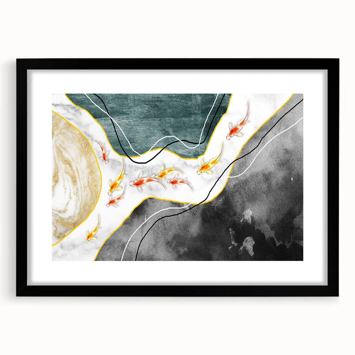 Abstract wall art featuring dynamic strokes and lines in a striking black frame with matting, showcasing modern artistic design ideal for contemporary decor.