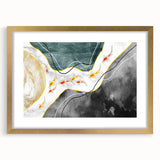Abstract wall art featuring a dynamic composition of colorful strokes and lines, framed in gold with a mat, ideal for modern decor. Perfect for enhancing interior spaces.