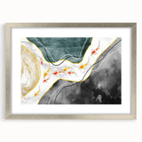 Abstract wall art featuring an elegant design of colorful strokes and lines in a silver frame with a mat, creating a modern and sophisticated decor piece for any space.