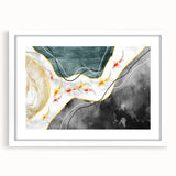 Abstract wall art featuring an intricate design of strokes and lines in shades of blue, gray, and gold, framed with a white mat for an elegant display. Ideal for modern home decor, this artwork adds a contemporary touch to any living space.