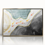 Framed wall art featuring an abstract design of strokes and lines in gold and blue tones, perfect for modern decor, enhancing any room's aesthetic.