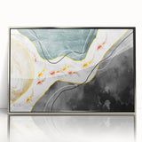 Framed wall art featuring an abstract design of colorful strokes and lines, showcasing a modern aesthetic with a sleek silver frame, perfect for contemporary decor.