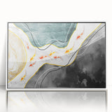 Framed wall art featuring an abstract design of colorful strokes and lines, set against a white background, ideal for modern home decor.