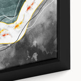 Framed canvas art featuring an abstract design with colorful strokes and lines, showcasing a vibrant mix of blues, yellows, and reds, ideal for modern decor.