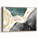 Framed canvas artwork showcasing an abstract strokes and lines design in gold tones, perfect for modern home decor. Side view highlights the elegant frame and texture.