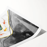 Abstract wall art print showcasing vibrant strokes and lines in shades of blue, orange, and yellow, ideal for modern decor, packaged in a protective cardboard tube.