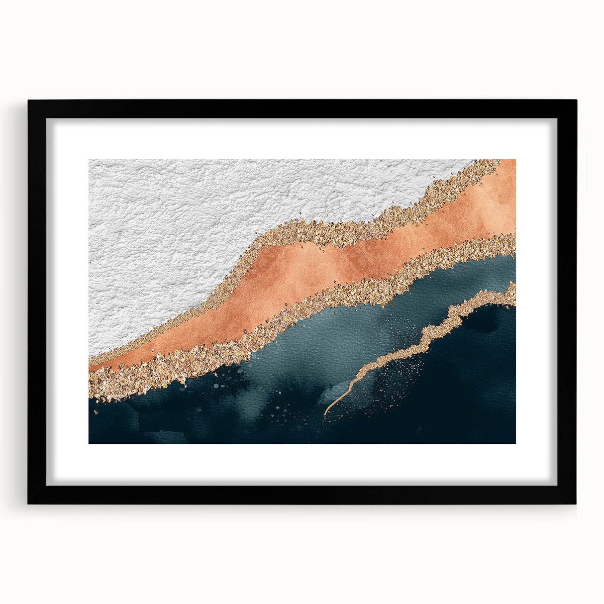Abstract strokes and lines design wall art in a black frame with a mat, showcasing a modern artistic style, perfect for contemporary home decor or office spaces.