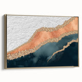 Framed canvas wall art showcasing an abstract design of golden strokes and lines, elegantly displayed from a side view, perfect for modern decor.