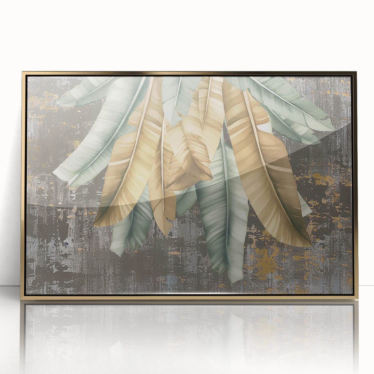 Framed acrylic wall art featuring an abstract design of gold strokes and lines, adding a modern touch to home decor, ideal for contemporary settings.